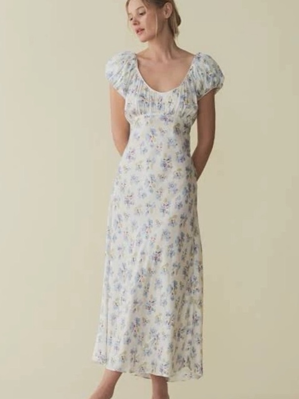 NWOT Doen Floral-print Silk-blend Midi Dress in Blue, Size XXS/XS/S/M/L